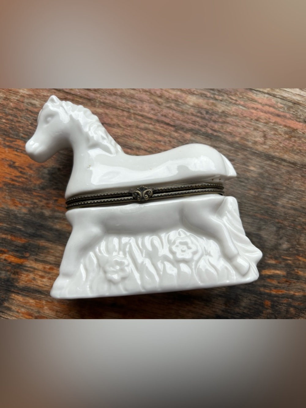 White Porcelain Horse Trinket Box with Brass Trim
